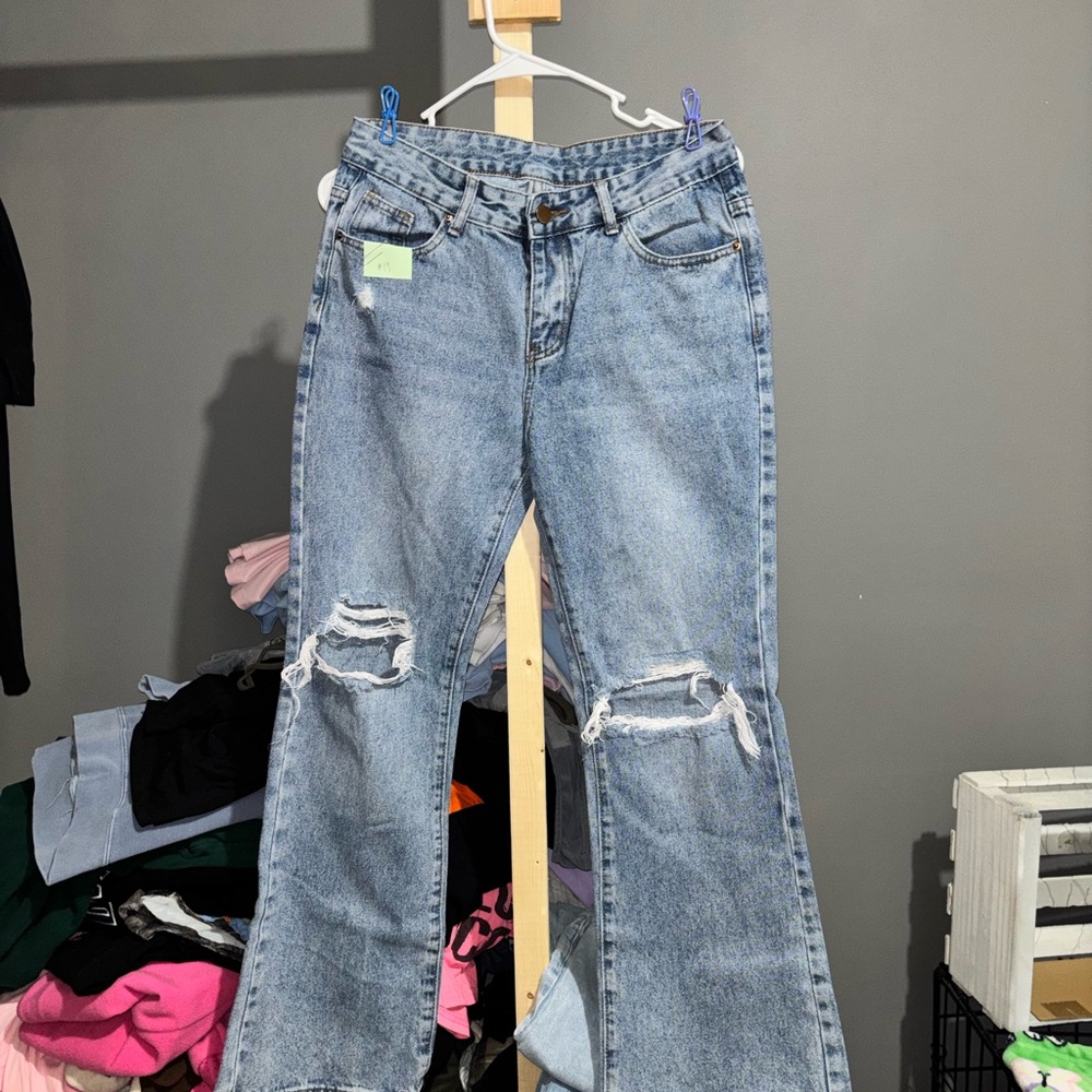 SHEIN Light Blue Distressed Flare Jeans